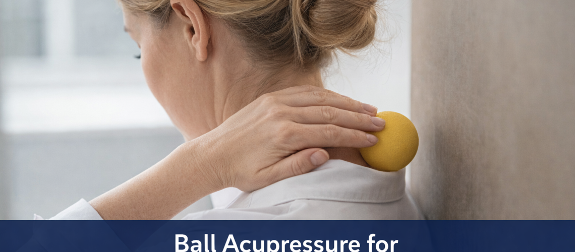 Ball acupressure applied to the neck and shoulders to release tension and improve mobility.