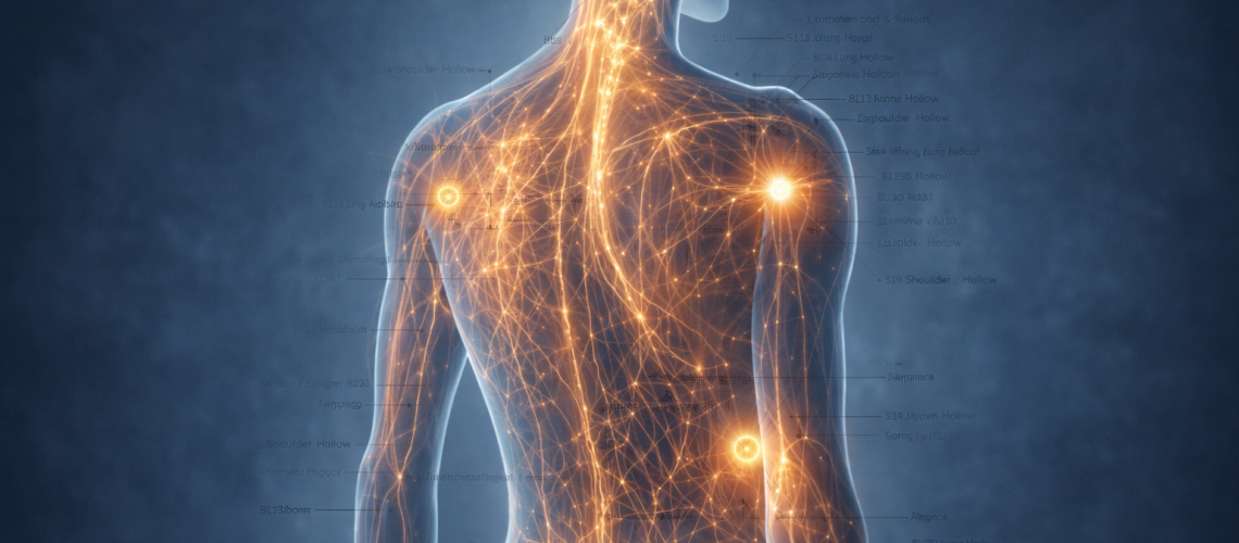 Fascia ball acupressure image with acupressure chart overlay on upper back